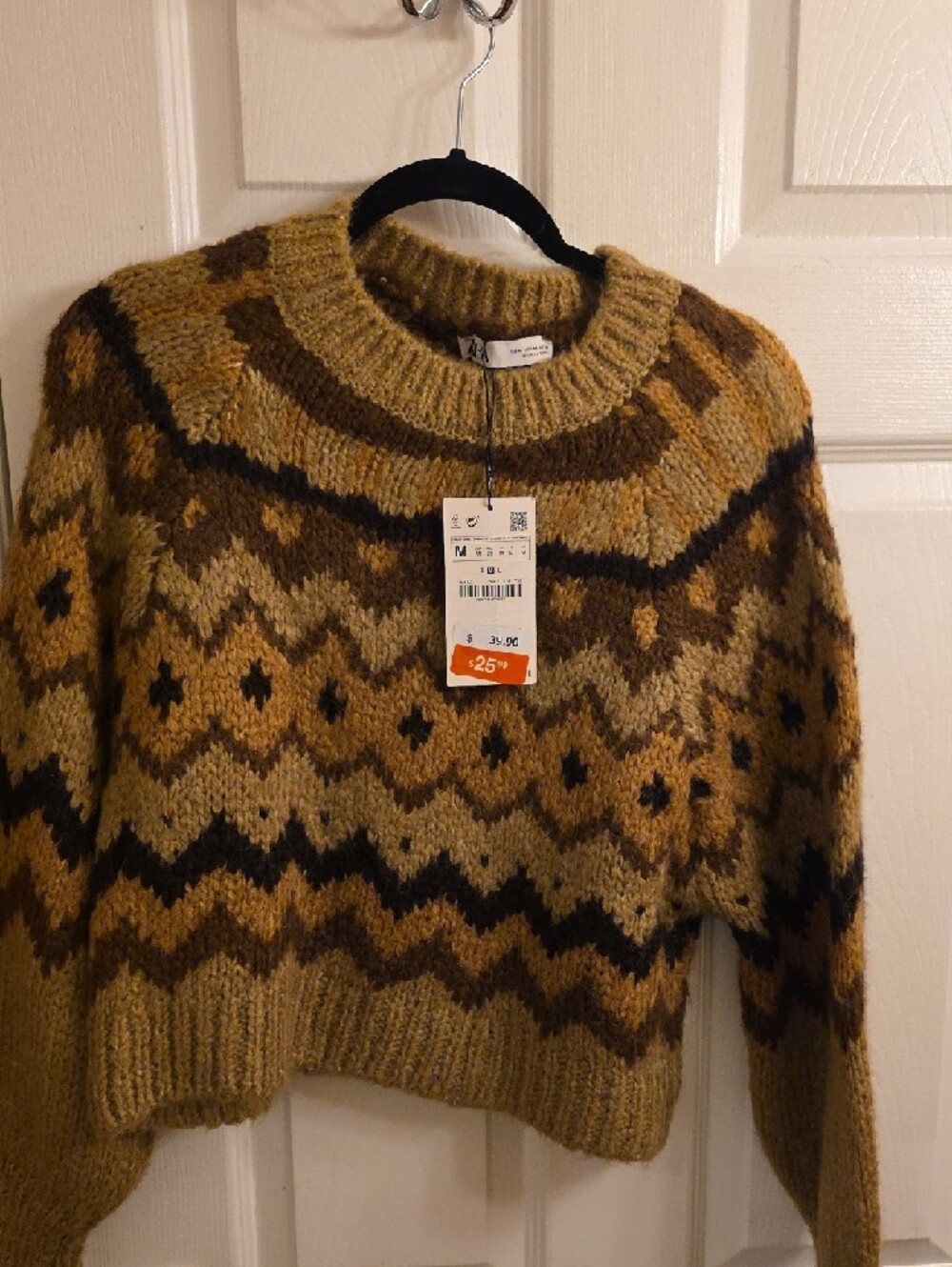 Zara Women’s Mustard and Brown Fair Isle Crewneck Sweater - Picture 4 of 6